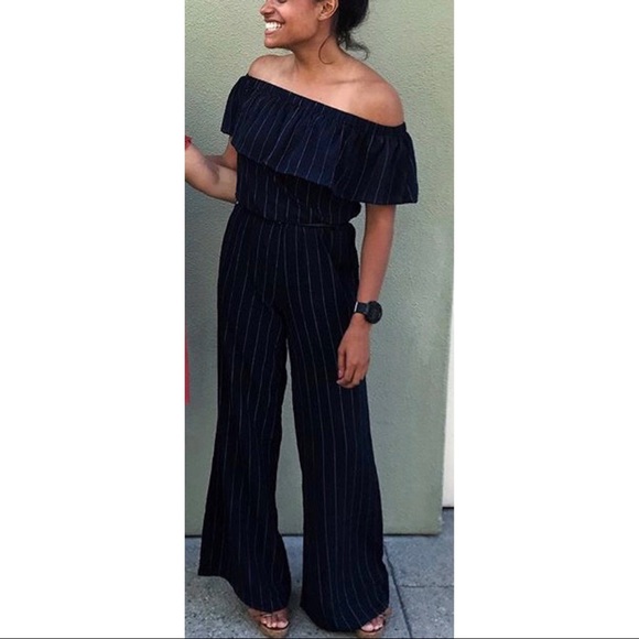 navy off the shoulder jumpsuit